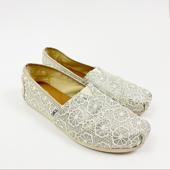 Toms Shoes - Toms Metallic Silver Flower Blossom Slip on Flats